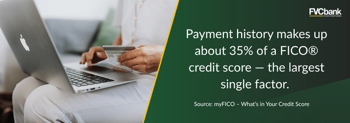 Payment history makes up about 35% of a FICO credit score - the largest single factor.