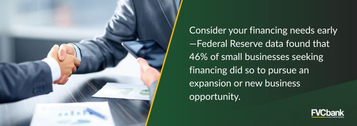 Consider your financing needs early - Federal Reserve data found that 46% of small businesses seeking financing did so to pursue an expansion or new business opportunity.