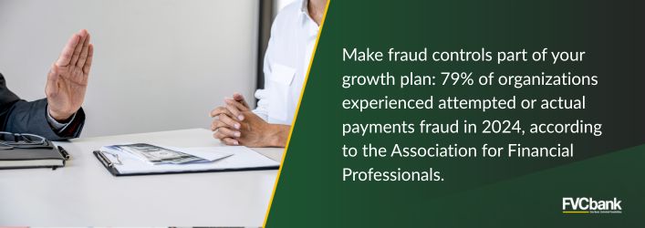 Make fraud controls part of your growth plan: 79% of organizations experienced attempted or actual payments fraud in 2024, according to the Association for Financial Professionals.